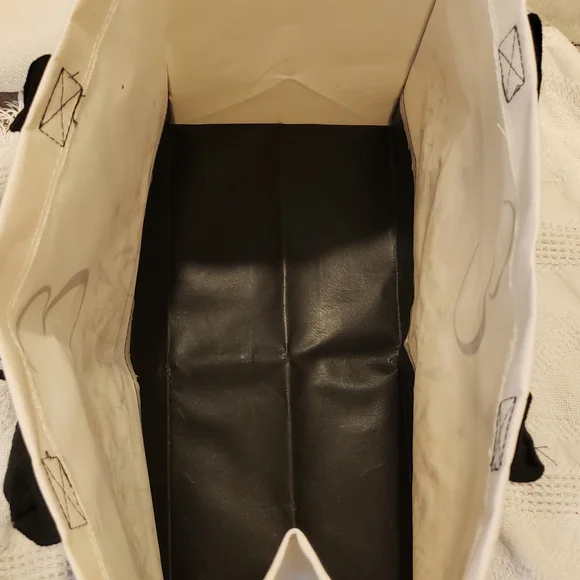 Monagrammed "E" White Canvas Tote with Black Trim & Multicolor Floral Print - Picture 4 of 5